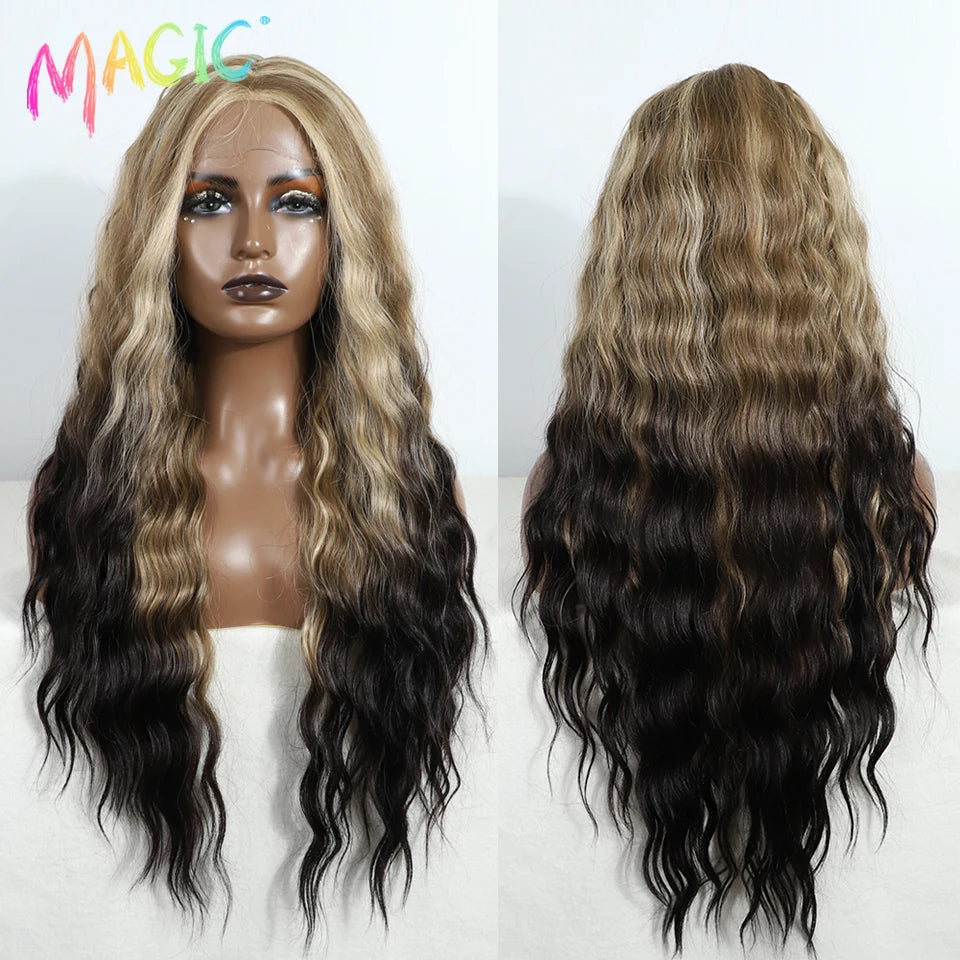 Magic Synthetic Lace Front Wig Long Deep Wavy 30 Inch Ombre Blonde Ginger Lace Wigs For Black Women Heat Resistant Cosplay Wigs