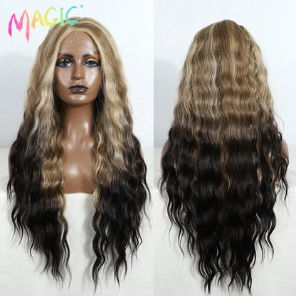 Magic Synthetic Lace Front Wig Long Deep Wavy 30 Inch Ombre Blonde Ginger Lace Wigs For Black Women Heat Resistant Cosplay Wigs