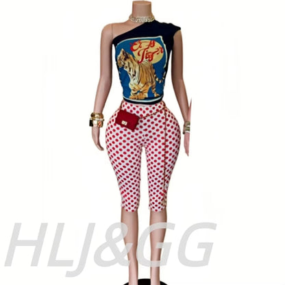 HLJ&GG Fashion Y2K Letter Print Tshirts Two Piece Sets Women O Neck Short Sleeve Crop Top And Polka Dot Shorts Outfit Streetwear
