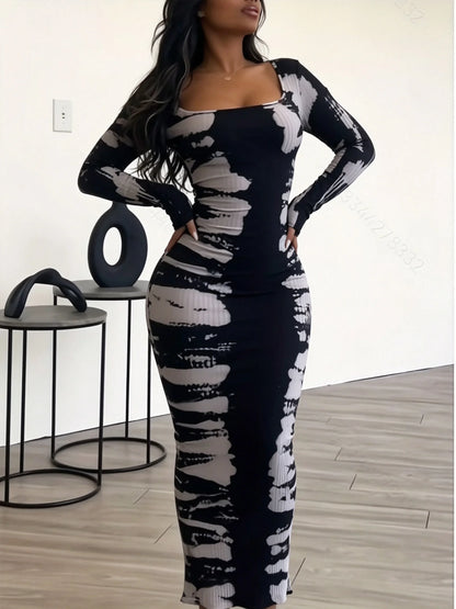 Slim Fit Hip Hugging Long Dress Square Collar Long Sleeves Waist Cinching Figure Show off Square Collar Long Skirt