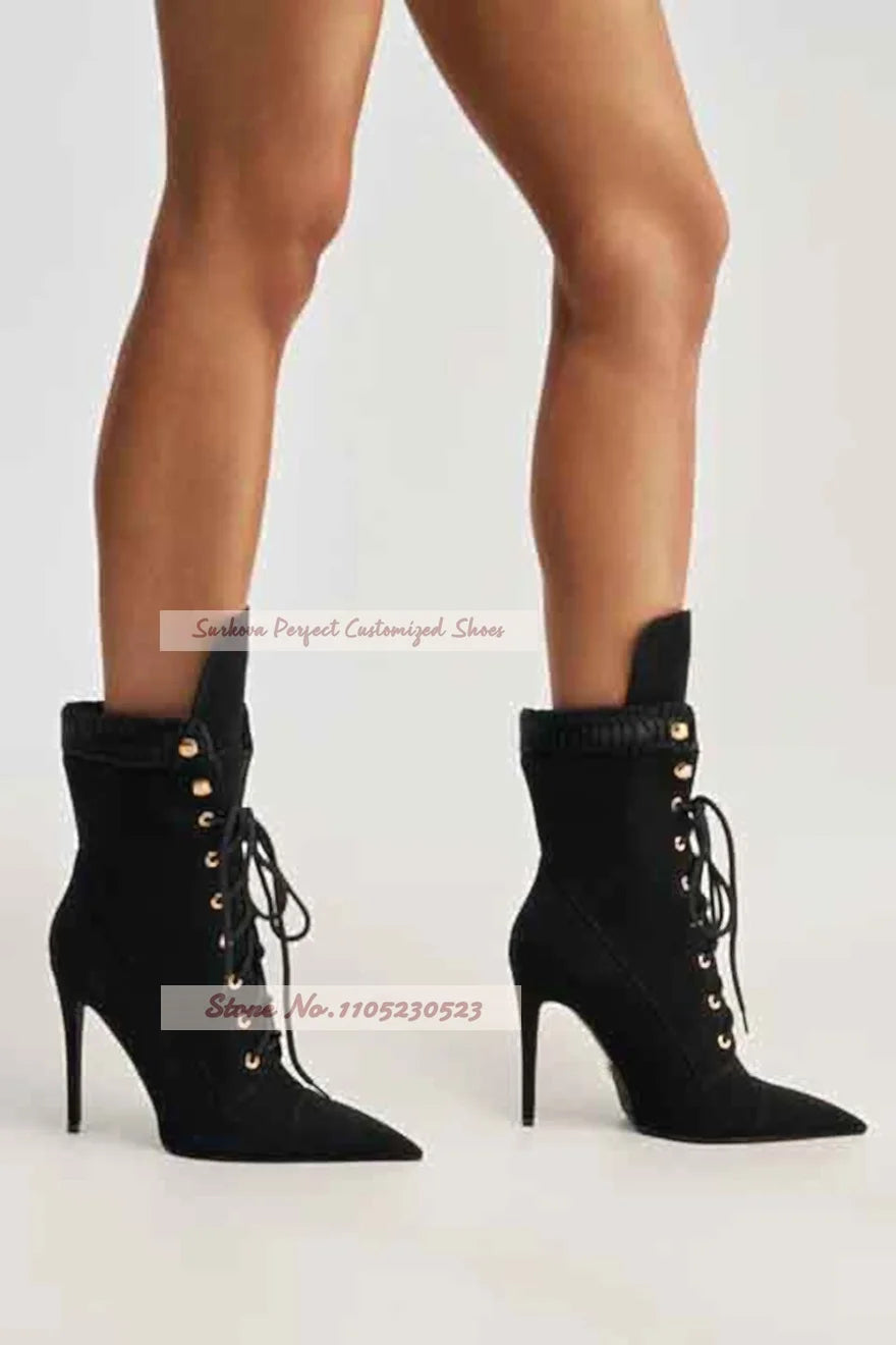 Women Camel Color Stiletto Heel Ankle Boots Brown Collar Patchwork Lace-Up Short Booties Pointed Toe Motorcycle Shoes