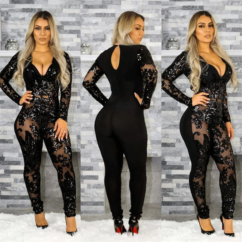 Sparkly Party Night Sequin Jumpsuit Women Overalls Long Sleeve Mesh See Through Patchwork Bodycon Rompers and Jumpsuits Clubwear