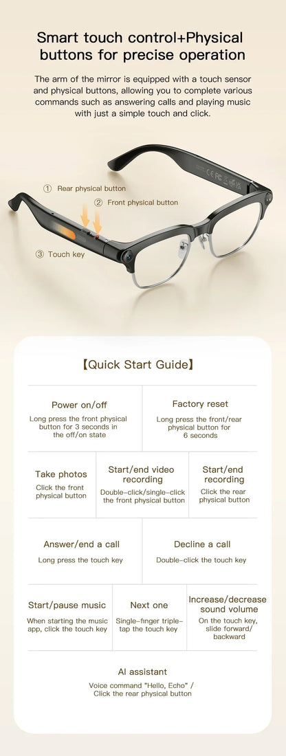 New Smart Glasses Take Photos and Videos Real-Time Translation Voice Assistant Translation 2GB Memory 800W Camera Smart Glasses