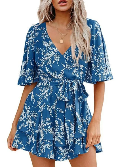 Hot-selling Women's Jumpsuits V-neck Flared Sleeves High Waist Plant Printed Pleated Lace-up Fashion High Street Playsuits