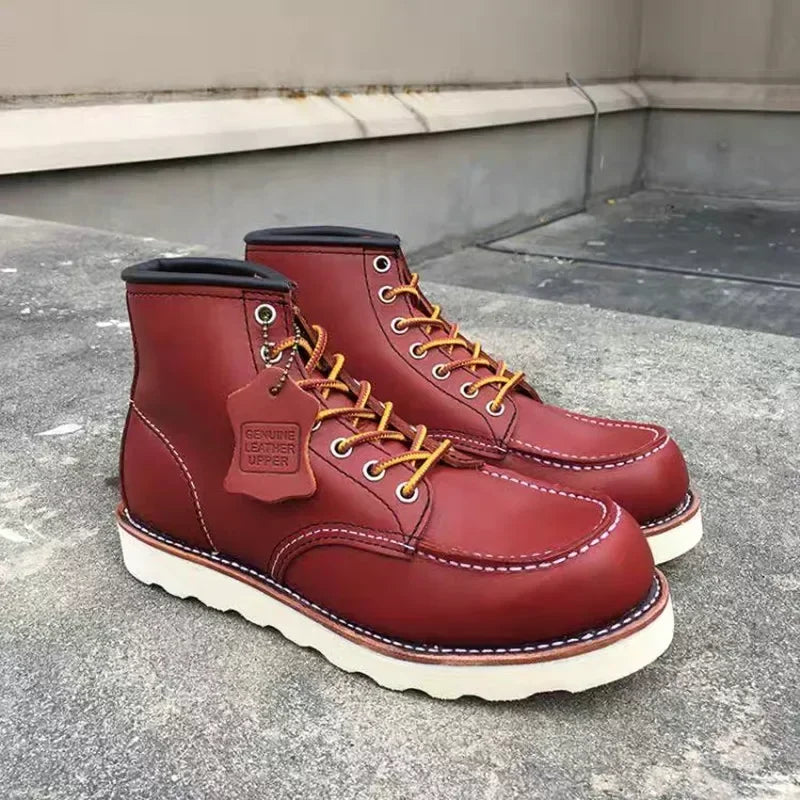 Men's Goodyear-Welted Vintage Genuine Leather Mid-calf Motorcycle Boots Round toe Casual Punk Dress Boots Work Shoes Western Red