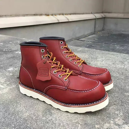 Men's Goodyear-Welted Vintage Genuine Leather Mid-calf Motorcycle Boots Round toe Casual Punk Dress Boots Work Shoes Western Red