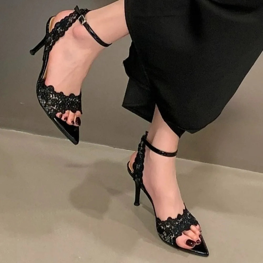 Luxury Lace Embroidery Ankle Strap Buckle Women Gladiator Sandals Elegant Thin High heels Summer Fashion Party Wedding Shoes