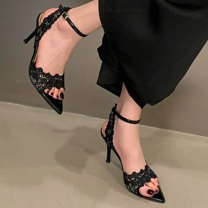 Luxury Lace Embroidery Ankle Strap Buckle Women Gladiator Sandals Elegant Thin High heels Summer Fashion Party Wedding Shoes