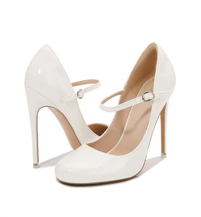 Liyke Big Size 44 45 46 Patent Leather Stiletto High Heels For Ladies Party Prom Shoe Fashion Round Toe Buckle Strap Women Pumps