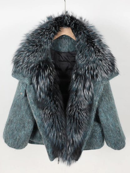 Maomaokong high-end Wool fabric Luxury Women's Big Fox Fur Collar Puffer Jacket Natural Fur down Coat Winter Thickened Warm