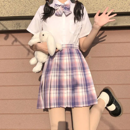 New Japanese School Uniform Korean Student Jk Seifuku Blouse Pleated Skirt Tie Full Set Girl Plaid Skirt Pink Uniforms For Woman