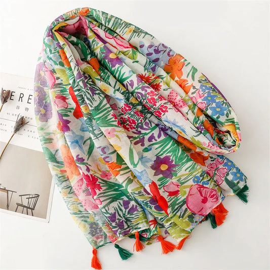 Tropical Plant Print Scarf, Elegant Style Thin Breathable Shawl with Tassels, Summer Sunscreen Windproof Beach Towel for Women