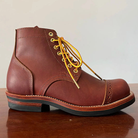 LC420 Men Full Grain Leather Cap Toe Work Boots Goodyear Welt Brogue Perforated Vintage Lace‑Up Motorcycle Ankle Boots For Men