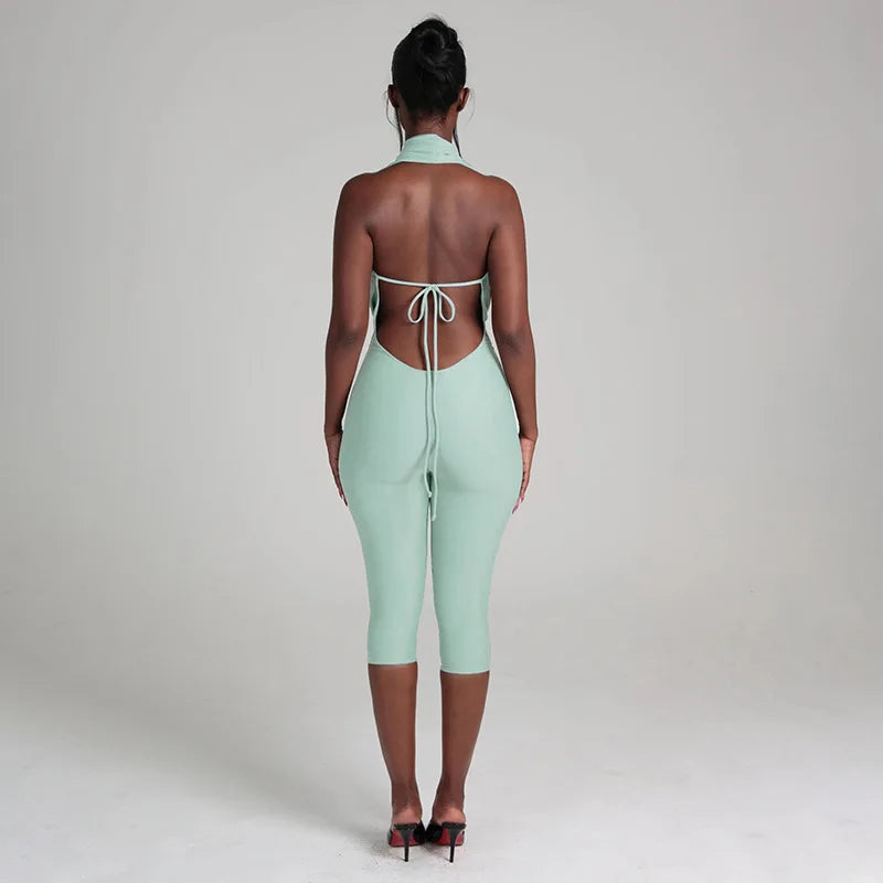 Summer Fashion New Women Sexy Jumpsuit Plunge Halterneck Backless Lace-up Solid Color Ruched One Piece Romper Capri Jumpsuits