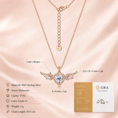 Angel Wings Heart Moissanite Pendant Necklace Baguette Cut S925 Sterling Silver D Color VVS1 GRA Certified Gift for Women