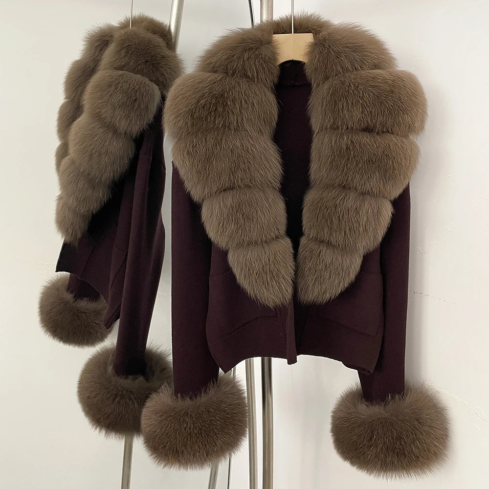 OFTBUY Loose Fit Warm Winter Fashion Lady Outerwear Sweater Female 2025 New Women's Knit Cardigan with Large Real Fox Fur Collar