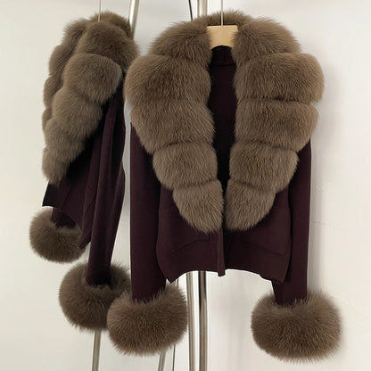 OFTBUY Loose Fit Warm Winter Fashion Lady Outerwear Sweater Female 2025 New Women's Knit Cardigan with Large Real Fox Fur Collar