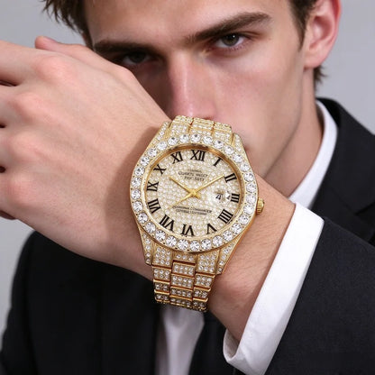 Luxury Gold Iced Out Rhinestone Quartz Wristwatch Unisex Sparkling Diamond Calendar Daily Wear Watch