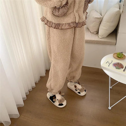 Shevalues Plush Cartoon Milk Cow Slippers Winter Women Slippers Furry Non-Slips Women Cotton Slides Couples Soft Cozy Flat Shoes