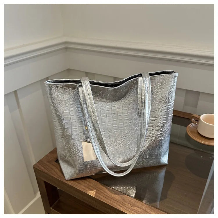 Fashion Casual Women Shoulder Bags Silver Gold Black Crocodile Handbag PU Leather Female Big Tote Bag Ladies Hand Bags Sac