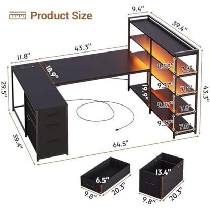 L Shaped Gaming Desk, Reversible U Shaped Computer Desk with Power Outlet and Storage Shelves, Corner Gaming Desk with