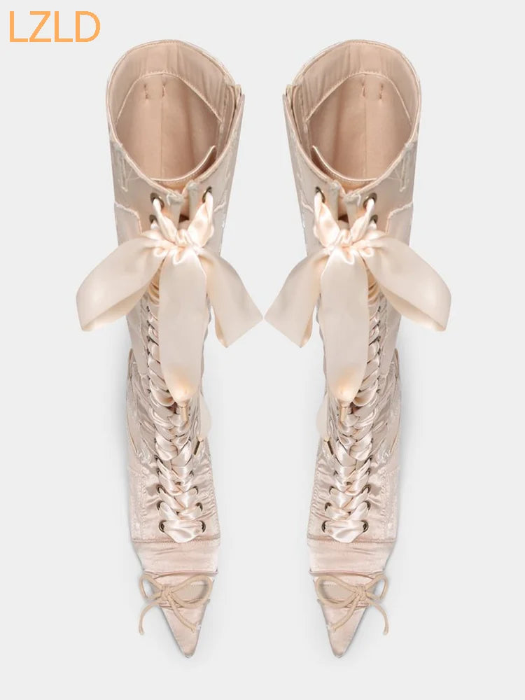 Sweet Pointed Straps Party Catwalk Knee Boots 2025 New Bowknot Satin Women's Long Boots Street Fashion Stiletto Casual Boots