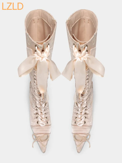 Sweet Pointed Straps Party Catwalk Knee Boots 2025 New Bowknot Satin Women's Long Boots Street Fashion Stiletto Casual Boots
