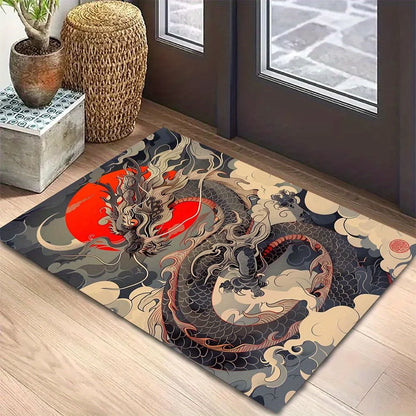 Japanese Ukiyo-e Dragon Print Flannel Area Rug, Non-slip Soft Floor Mat for Living Room Bedroom Home Decor
