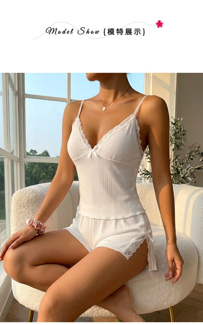 Women's Ribbed Lace Camisole Shorts Pajama Set Summer Breathe Sleeveless Sleepwear 2 Piece Set Female Soft Elastic Homewear