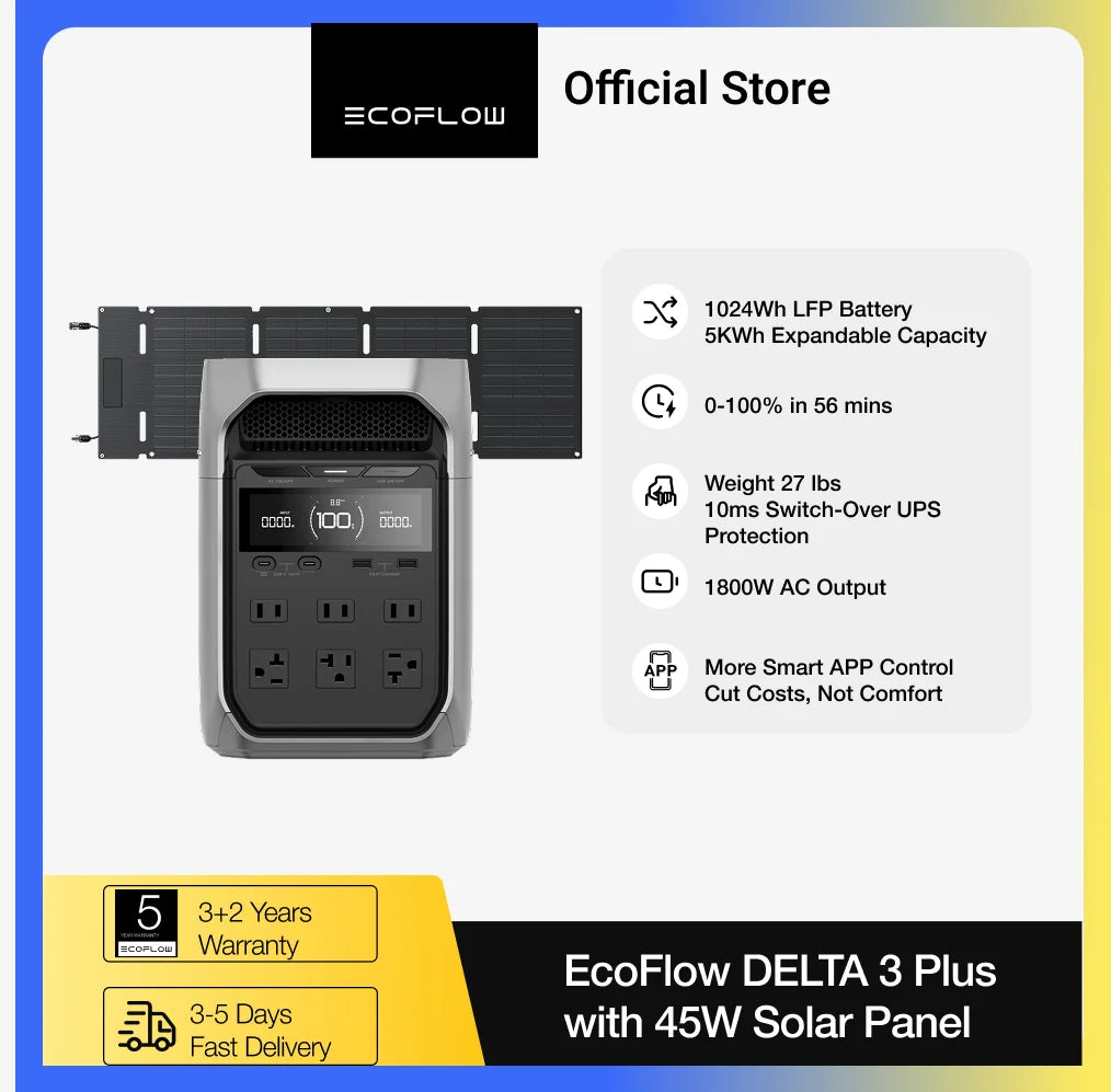 ECOFLOW Solar Generator DELTA 3 Plus with 45W Solar Panel, 1000W Solar Input, 1022Wh LiFePO4 Battery, Portable Power