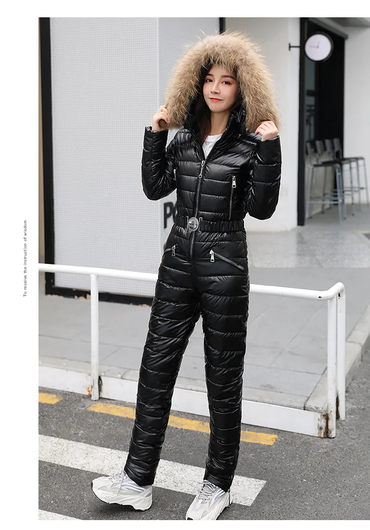 Jumpsuits One Piece Ski Suit Winter Thicken Snow Place Down Cotton Women Suits Warm Hooded Waist Slim Shiny Outdoor Sports