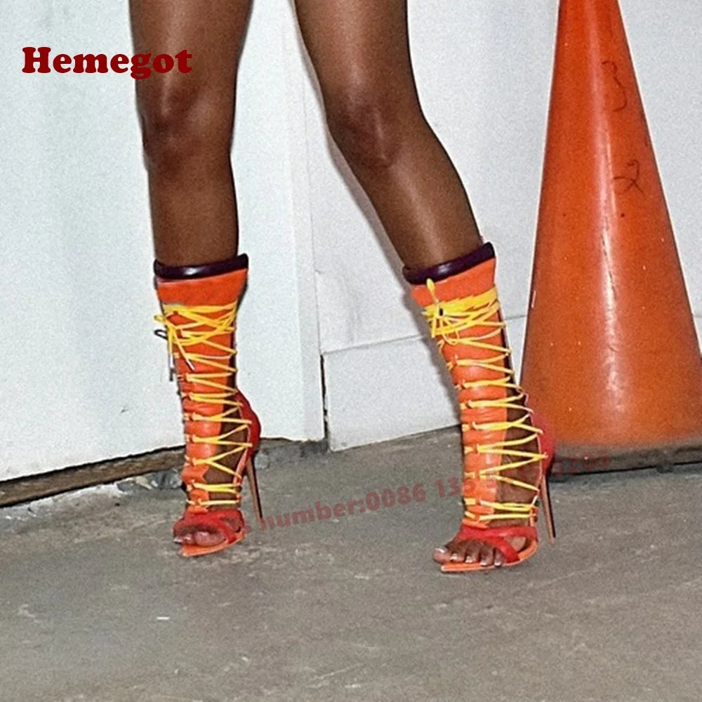 Gladiator Open Toe Stiletto Heels Straps Women's Sandals Splicing Lace-Up Sandals Hollow Out Multi-Color Summer Party Shoes Sexy