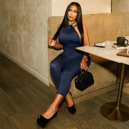 FAGADOER Sexy Solid Color Bodycon Jumpsuits Women Halter Sleeveless Backless Elasticity Romper Female Streetwear Overalls 2026