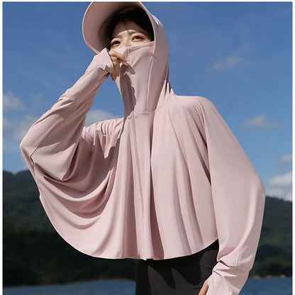 Solid Color Sunscreen Hoodie Long Sleeve Large Brim Hat Summer Sunscreen Shawl Thin Arm Sleeves Ice Silk Short Jacket Running