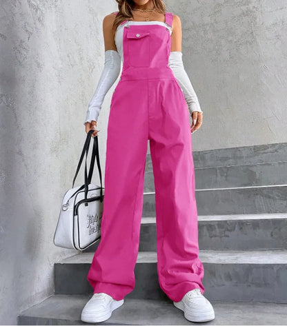 Women's Casual Bib Overalls Adjustable Shoulder Strap Pocket Wide Leg Jumpsuit Loose Straight Women Streetwear Suspender Pants