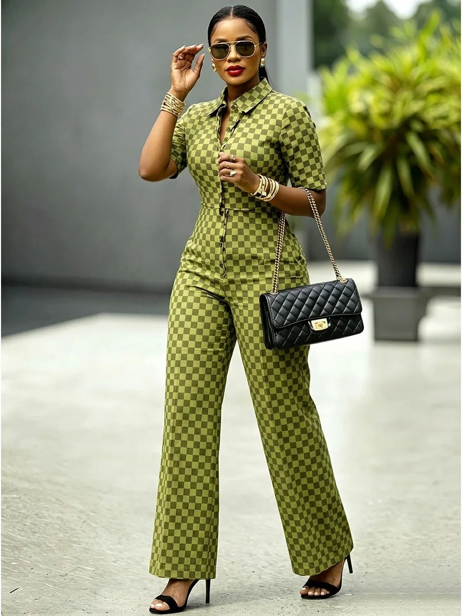 Modigirl Women Checkerboard Print Jumpsuit Lapel Collar Short Sleeve High Waist Wide Leg Rompers Casual Streetwear Jumpsuits