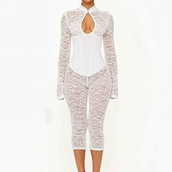 FAGADOER Sexy Lace See Through Corset Jumpsuit Women Hollowed-out Long Sleeve Bodycon Capri Pants Clubwear Night Party Outfit