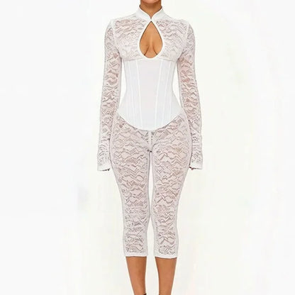 FAGADOER Sexy Lace See Through Corset Jumpsuit Women Hollowed-out Long Sleeve Bodycon Capri Pants Clubwear Night Party Outfit