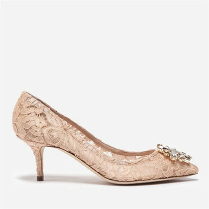 Mesh lace high-heeled shallow mouth shoes 2026 new pointed crystal buckle slim heel fashionable banquet women's single shoes