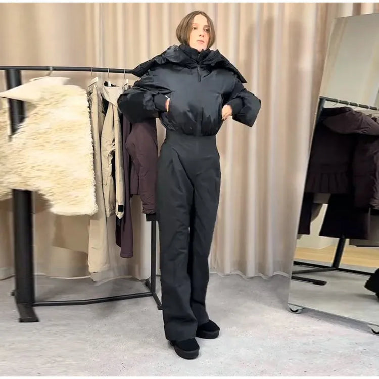 Detachable Hooded Ski Suit Jumpsuit Woman Zipper Color Blocked Long Sleeve Slim Warm Jumpsuits Sports Casual Women's Ski Suits