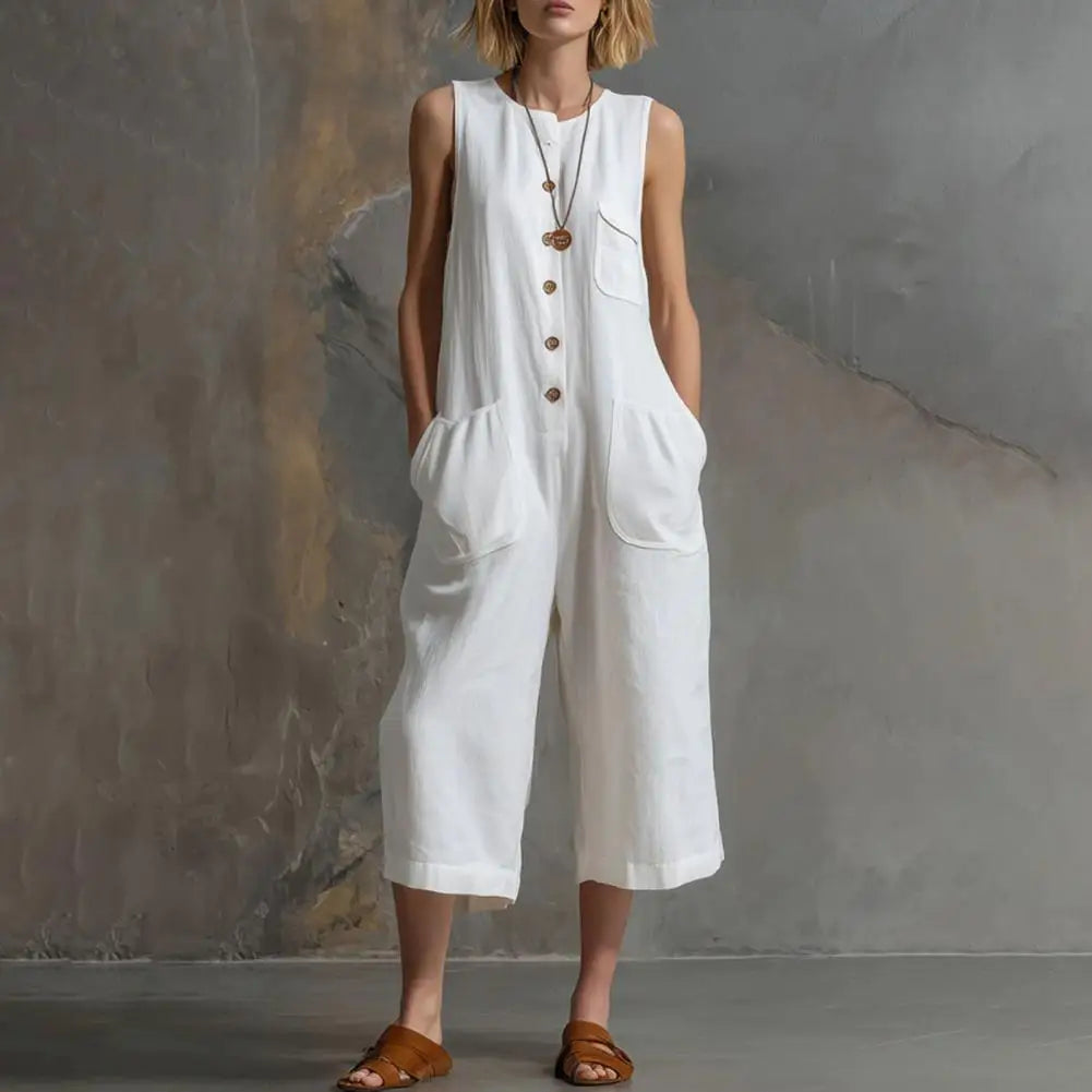 Women Summer Tank Jumpsuit Sleeveless Button Down Cropped Rompers Loose Wide-Leg Overall Pockets Hot Sale