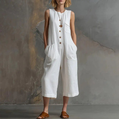 Women Summer Tank Jumpsuit Sleeveless Button Down Cropped Rompers Loose Wide-Leg Overall Pockets Hot Sale