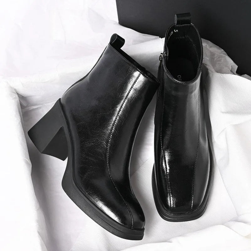 Women's Soft Sole Paneled Booties Winter New Square Toe Zip Non-Slip Heeled Leather Shoes