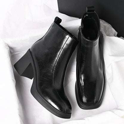Women's Soft Sole Paneled Booties Winter New Square Toe Zip Non-Slip Heeled Leather Shoes