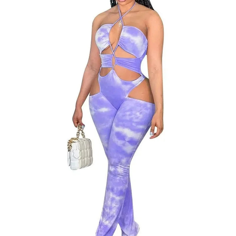 Trend Fashion Tie-Dye Printing Deep V-Neck Sleeveless Summer Jumpsuit Adjustable Straps Skinny Sport One Piece Romper Clubwear