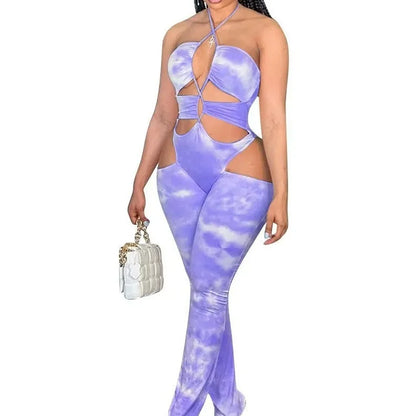 Trend Fashion Tie-Dye Printing Deep V-Neck Sleeveless Summer Jumpsuit Adjustable Straps Skinny Sport One Piece Romper Clubwear
