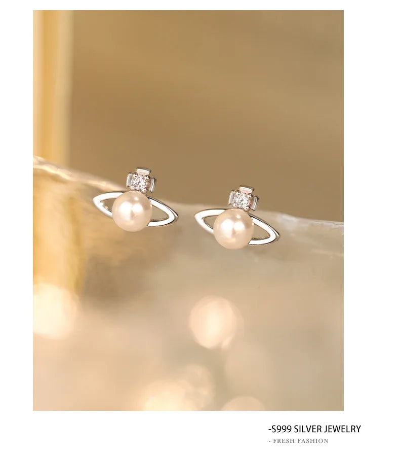 Fashionable Simple 999 Sterling Silver Zircon Planet Shell Earrings for Women Exquisite Light Luxury Jewelry