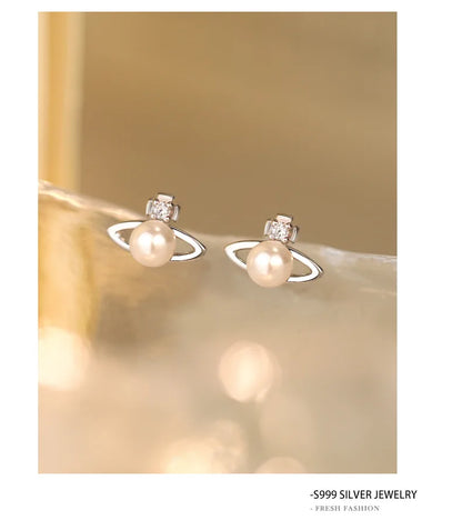 Fashionable Simple 999 Sterling Silver Zircon Planet Shell Earrings for Women Exquisite Light Luxury Jewelry