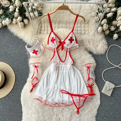 Summer Girls Sexy Hot Sweet Transparent Suspender Mini Dress Women Elastic Waist And Backless Strap Lolita Pajamas Bubble Skirt