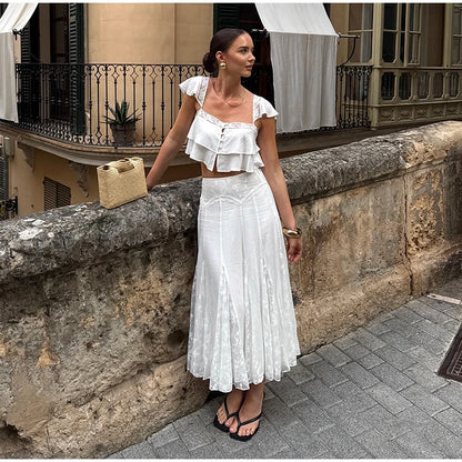 2026 Summer Fashion Square Neck Ruffled Crop Top & Pleated Midi Skirt 2-Piece Set Elegant Boho Resort Vacation Casual Outfits